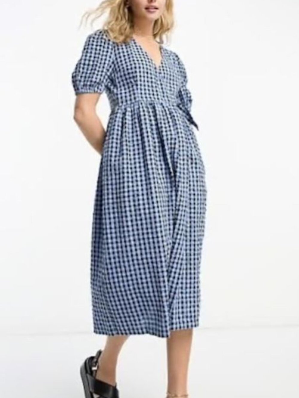 MONKI Blue Gingham Plaid DRESS surplice tie ASOS size 36 Small